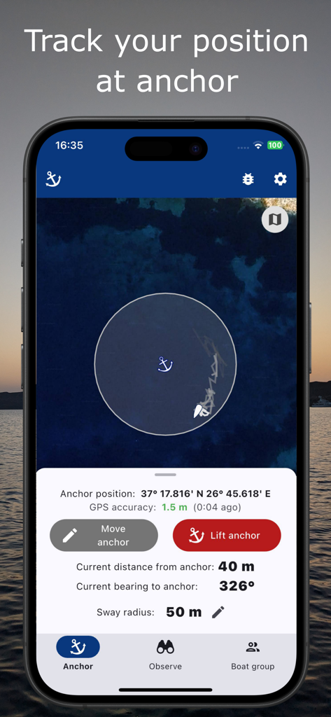 Anchor Easy: GPS Anchor Alarm - Smartphone screen displaying the Anchor Easy app interface with a boat position and sway radius on a satellite map
