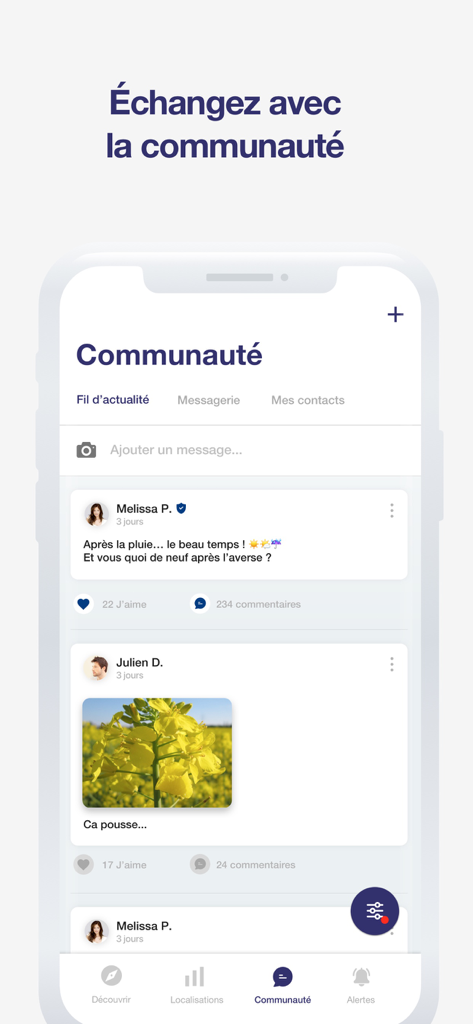 Tela do aplicativo móvel Waterdrop exibindo um feed social da comunidade onde os usuários compartilham atualizações meteorológicas e fotos de colheitas
