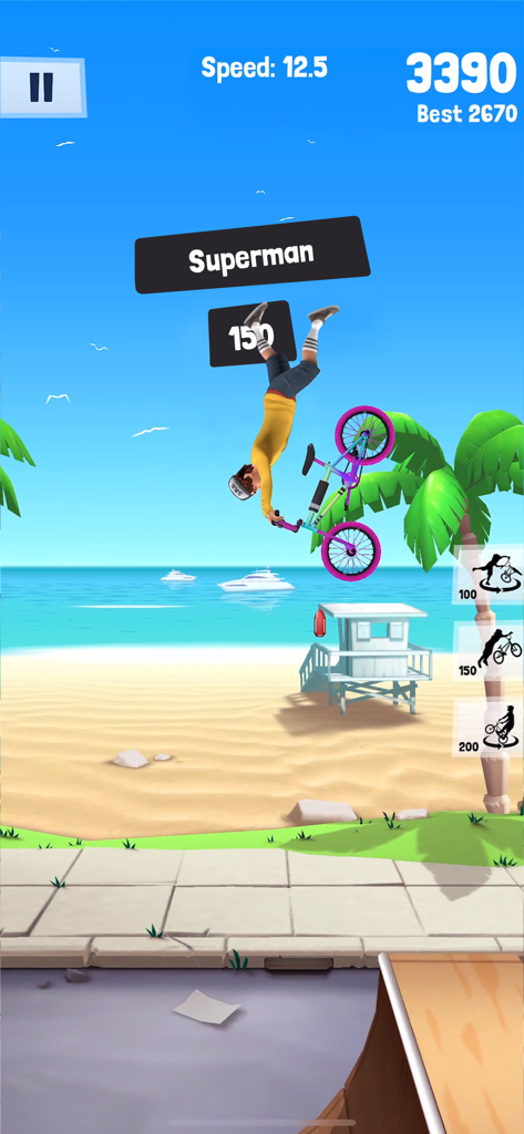 Flip Rider - BMX Tricks - A BMX rider performing a Superman trick in the air over a sunny beach