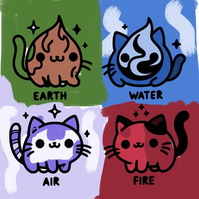 4 cats that represent the different elements, earth, water, air, and fire