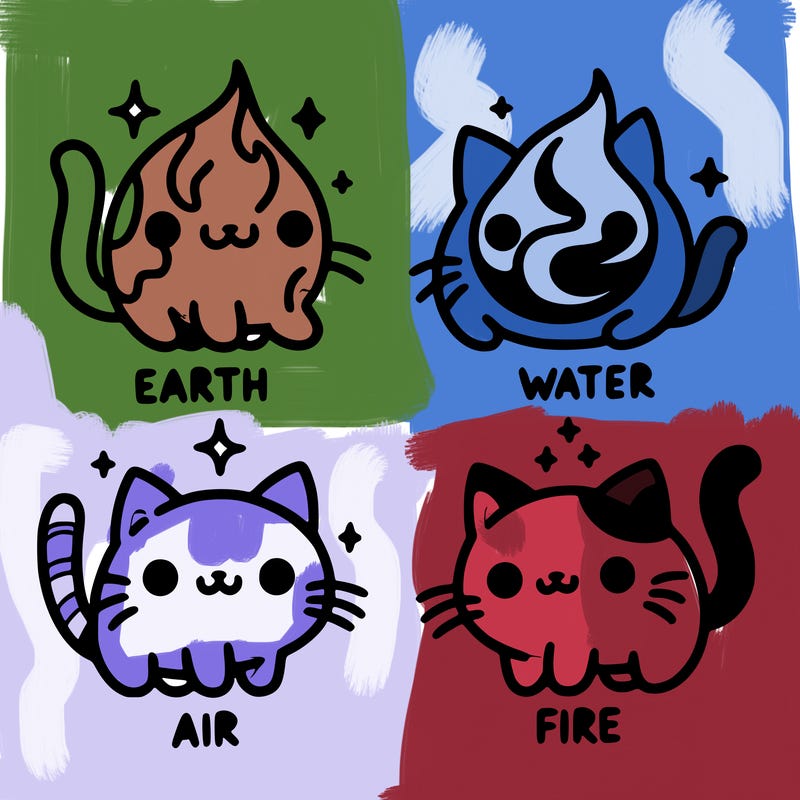4 cats that represent the different elements, earth, water, air, and fire