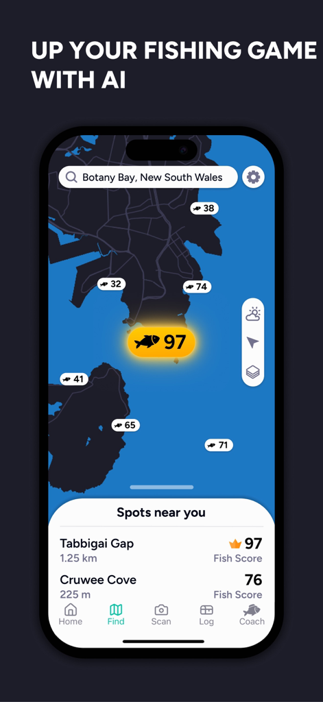 Fish AI app map displaying fishing locations and success scores