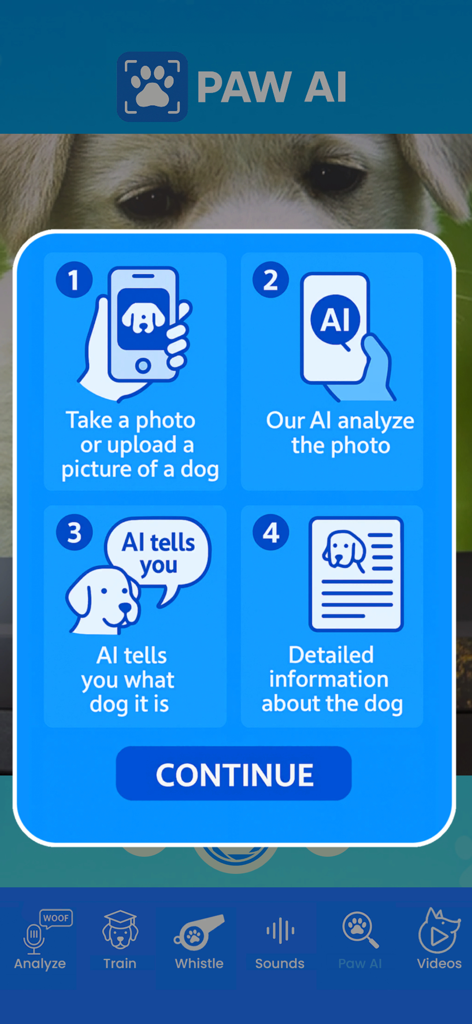 A four step guide explaining how to use the AI breed recognition feature in the Dog Translator app.