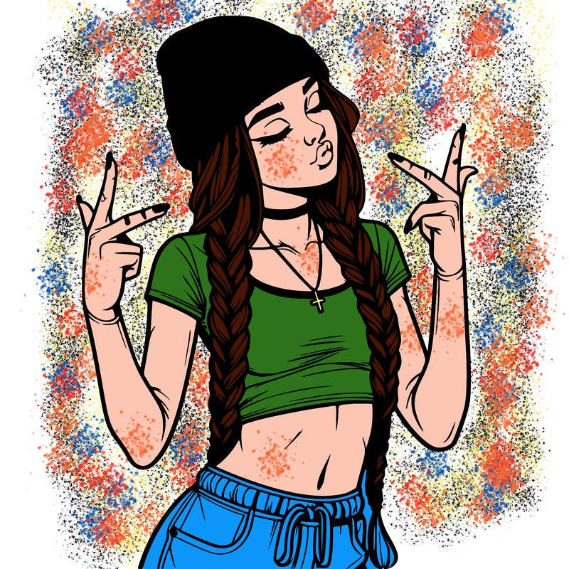 realistic teenage girl with braids and a beanie and crop top doing 🫶🏼