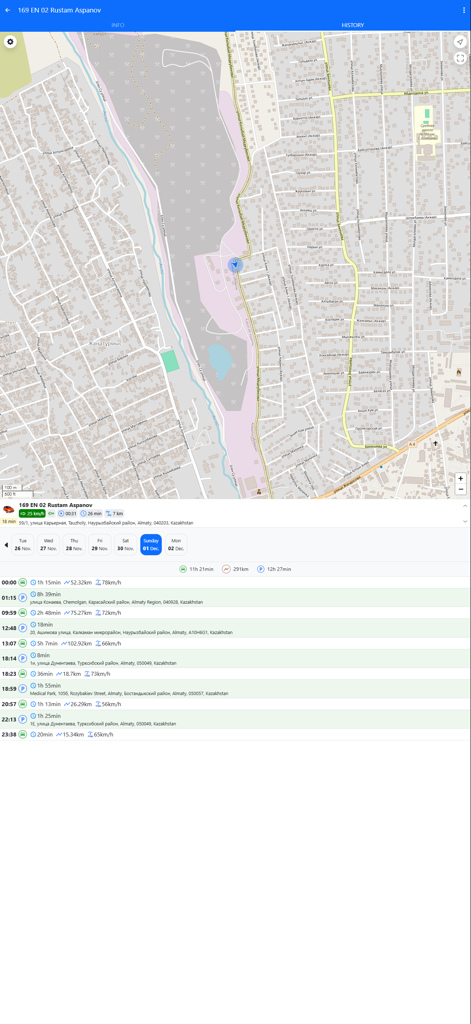 Uvivion - A map view and chronological history log of vehicle movements and stops in the Uvivion fleet management app