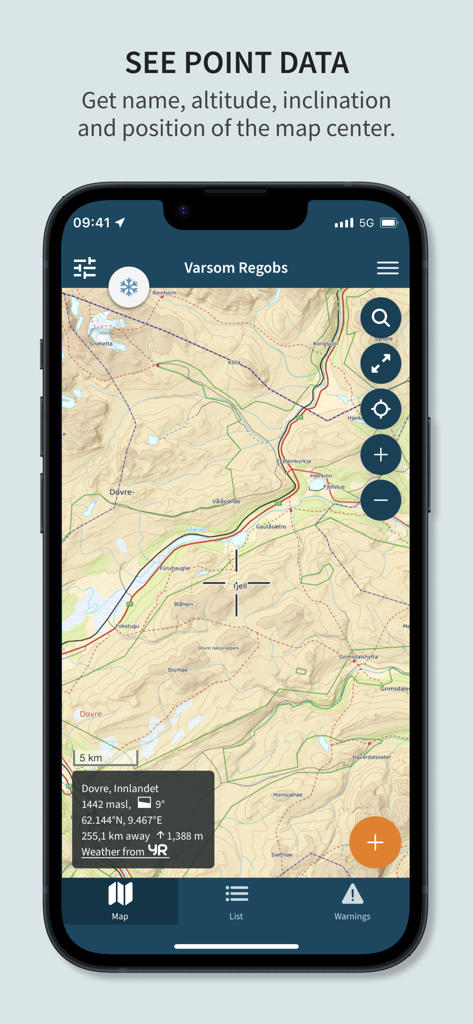Varsom - Varsom app topographic map interface showing point data for altitude and inclination.