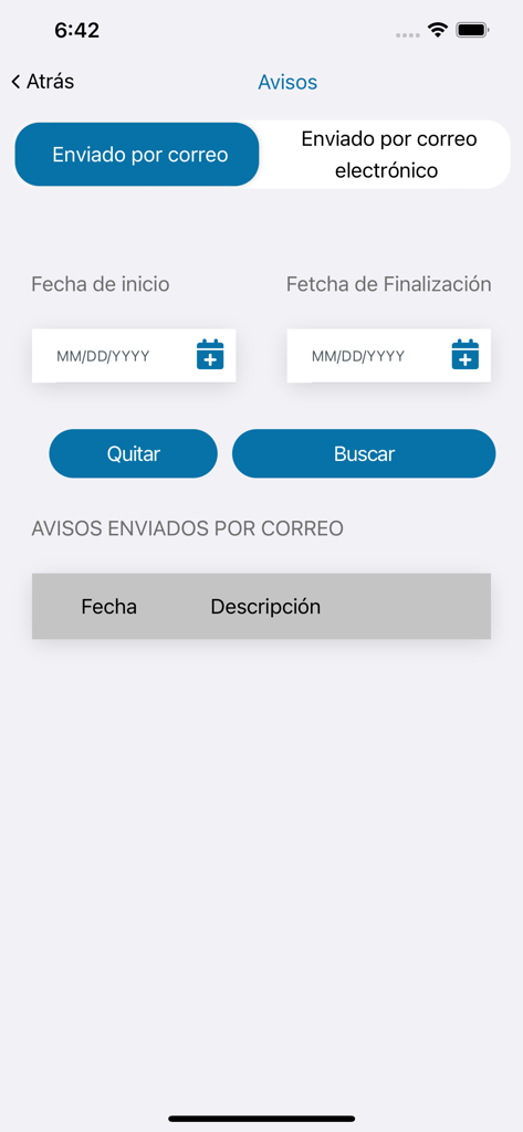 GA Gateway app screen showing the notices search interface in Spanish with options for mail and email delivery