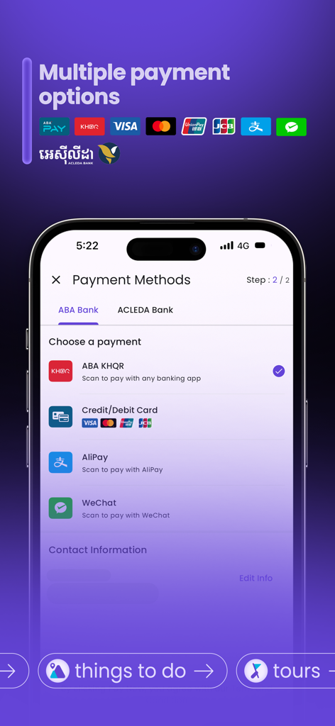 BookMe+ 앱의 스크린샷으로 신용카드와 현지 아시아 디지털 지갑을 포함한 다양한 결제 방법을 보여줍니다.