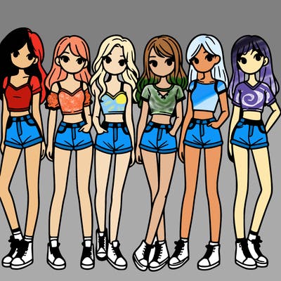 a group of girls wearing crop tops and shorts