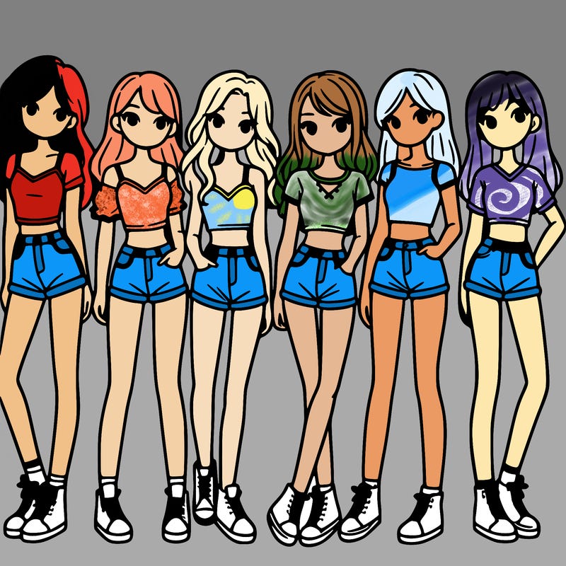 a group of girls wearing crop tops and shorts