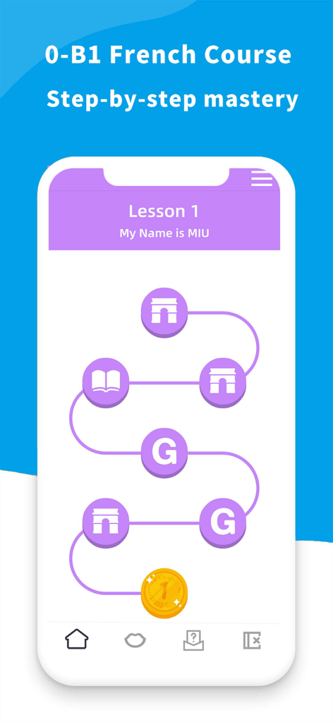 Learn French- For Beginners - Interfaz de una aplicación móvil que muestra una hoja de ruta del curso de francés paso a paso desde el nivel 0 al B1.
