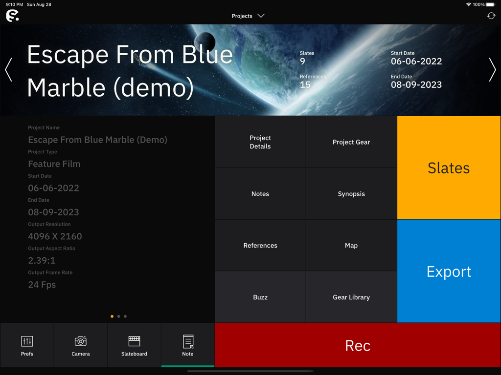 Setellite - Setellite iPad app project dashboard displaying film technical specifications and navigation tiles for VFX data management.