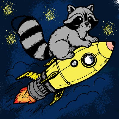 realistic raccoon flying on top rocket ship