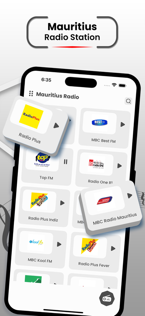 Mauritius FM Motivation - Pantalla de smartphone mostrando la interfaz de la aplicación Mauritius FM Motivation con una lista de estaciones de radio locales de Mauricio