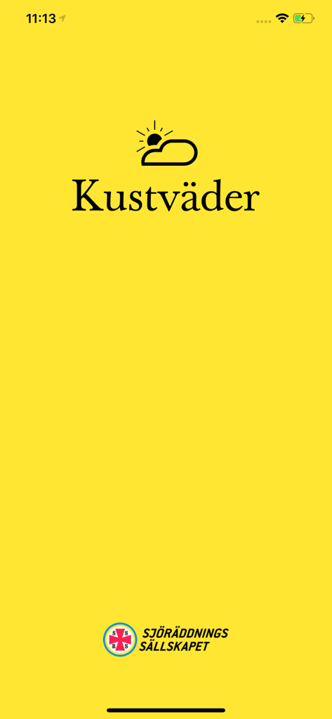 Kustväder - Splash screen of Kustvader app showing the Swedish Sea Rescue Society logo on a yellow background