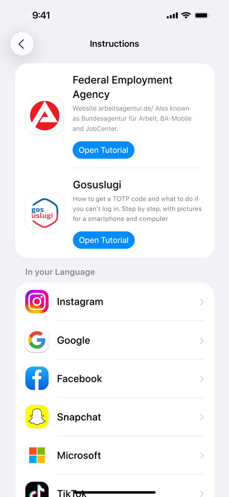 TOTP Authenticator app screen showing a list of 2FA setup tutorials for services like Instagram and Google