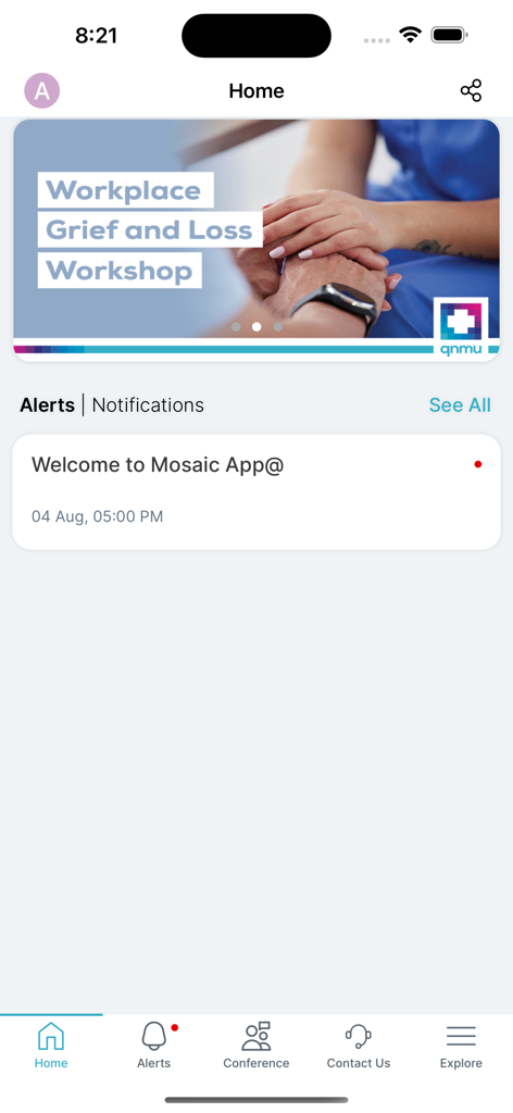 Home dashboard of the QNMU mobile app showing a workplace grief and loss workshop banner and recent notifications.