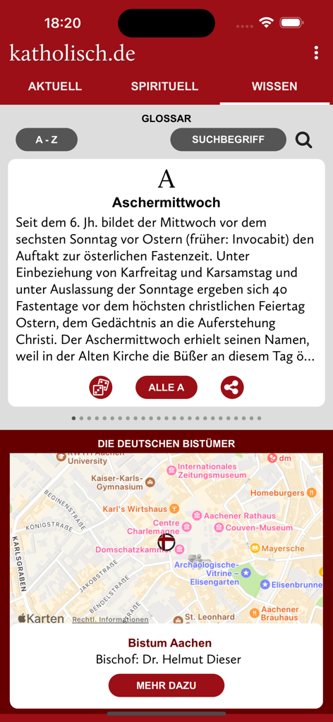 katholisch.de - Captura de tela do aplicativo katholisch.de exibindo uma entrada do glossário para a Quarta-feira de Cinzas e um mapa da Diocese de Aachen.