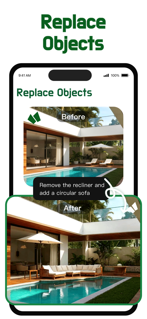 KI-Gartengestaltungs-App-Oberfläche, die eine Vorher-Nachher-Terrassenumgestaltung mit ersetzten Möbeln zeigt.