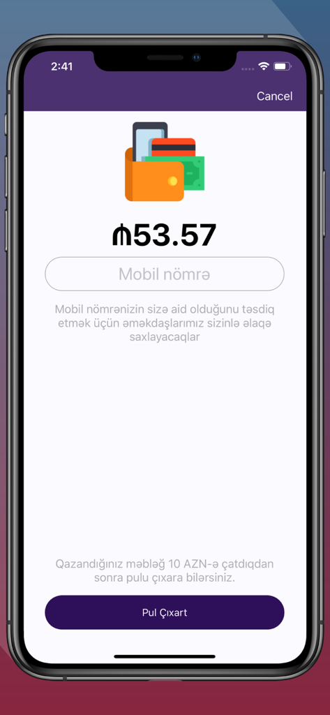 Canba - Pantalla de retiro de efectivo de la aplicación de trivia en vivo de Canba que muestra el saldo del usuario y el botón de retiro.
