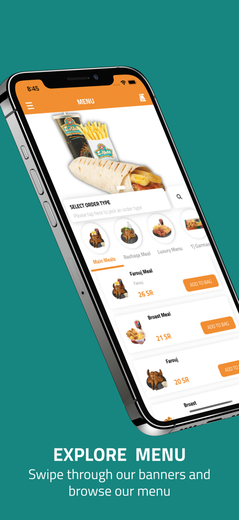 Al Tazaj KSA mobile app menu interface showing grilled chicken meal options and prices