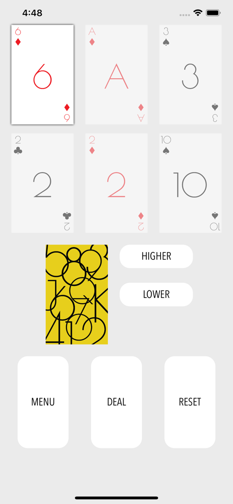 Ride The Bus - Card Game - Ride The Bus card game interface featuring custom cards and higher or lower prediction buttons