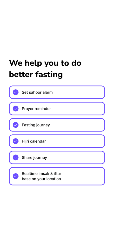 Muslim Fasting Calendar Alarm - A list of key features for the Muslim Fasting Calendar Alarm app including sahoor alarm and prayer reminders