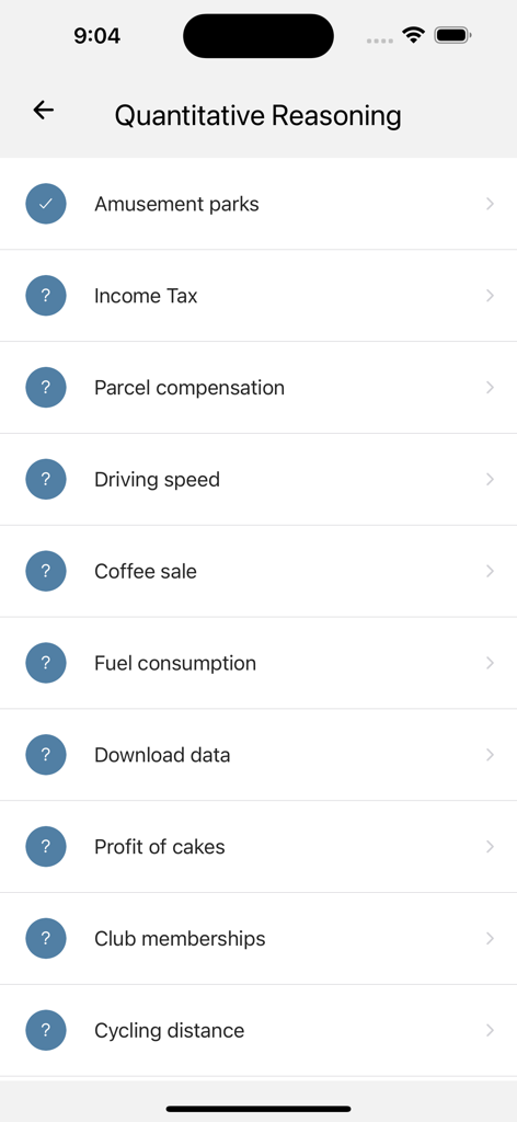 UCAT Preparation - UCAT Preparation app interface showing a list of quantitative reasoning practice topics.
