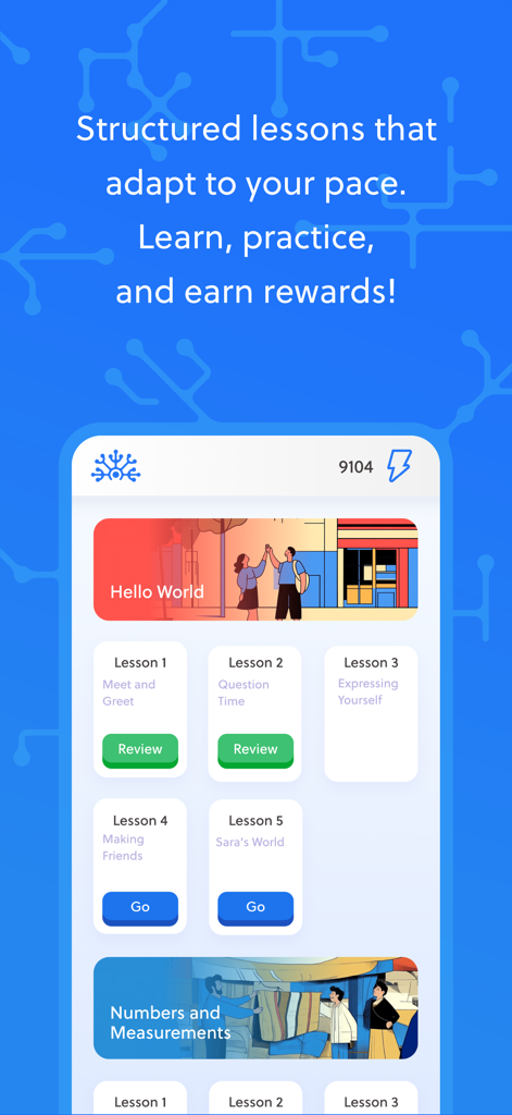 Infercia - Inferciaモバイルアプリのインターフェース。一連の構造化された英語レッスンと学習の進捗状況が表示されています。