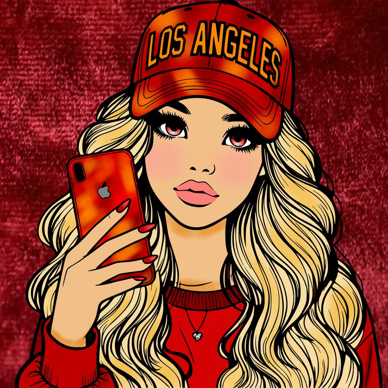 realistic beautiful girl wearing los ángeles cap holding an iphone