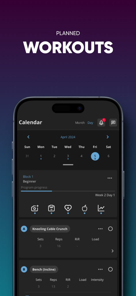 Twelve20 Coaching App - Planned workouts calendar in the Twelve20 Coaching App showing exercises like kneeling cable crunch and bench press with tracking for sets and reps