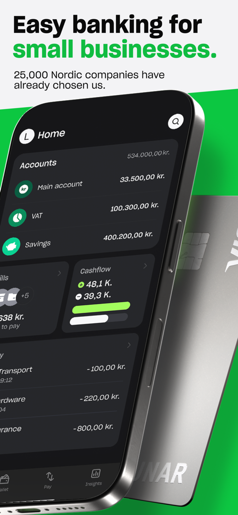 Lunar mobile app interface showing a business banking dashboard with account balances and cashflow insights