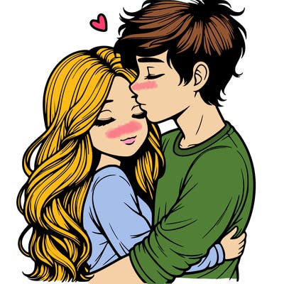 a realistic couple boy and girl hugging and kissing