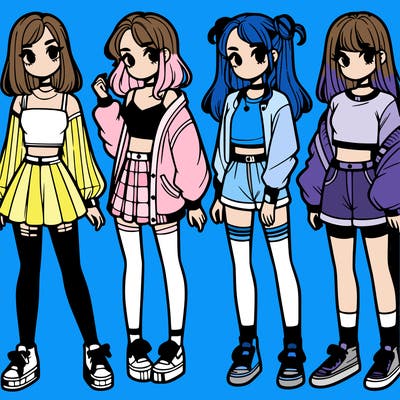 one girl with crop-top shirt and a jacket with a skirt, long socks and another girl with a shirt and pants with a jacket