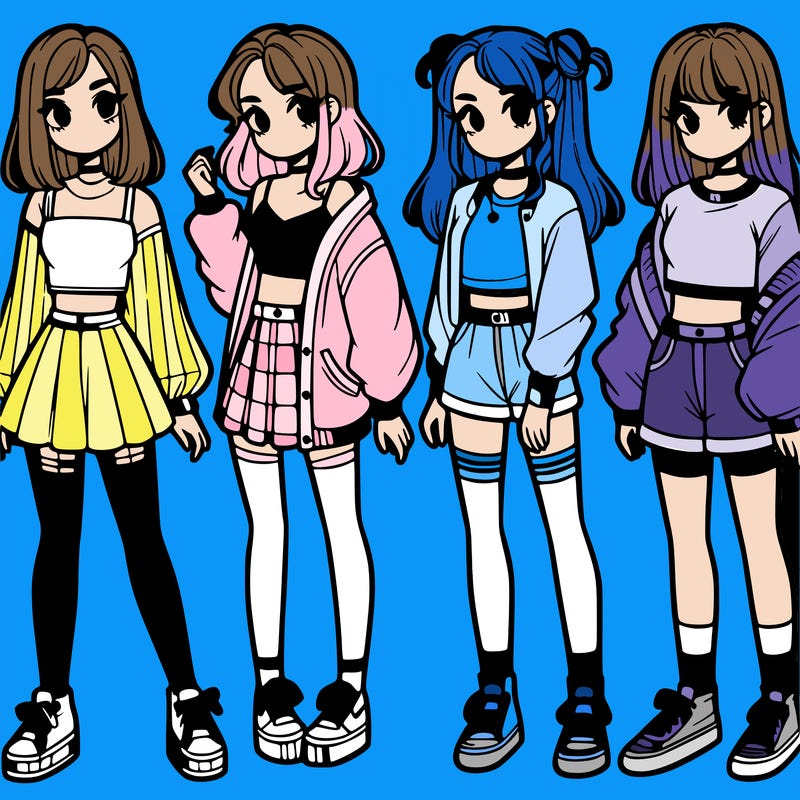 one girl with crop-top shirt and a jacket with a skirt, long socks and another girl with a shirt and pants with a jacket