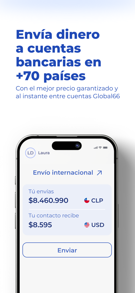 Écran de l'application Global66 montrant les options de transfert d'argent international et la conversion de devises du CLP vers l'USD.
