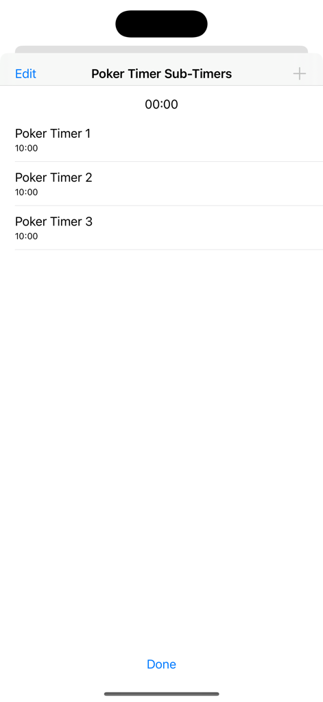 Durations 앱의 포커 하위 타이머 목록