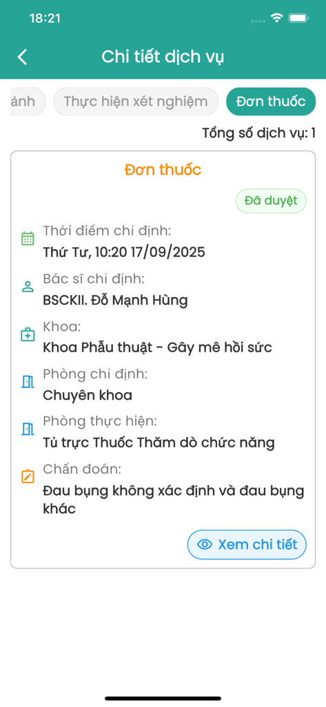 Bệnh viện Đa Khoa Ba Vì - Prescription details screen in the Ba Vi General Hospital app showing the prescribing doctor, department, and diagnosis.