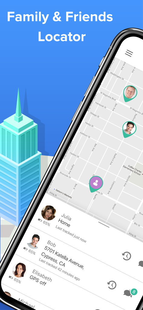 Smartphone interface showing family members locations on a real-time map with battery status and addresses.