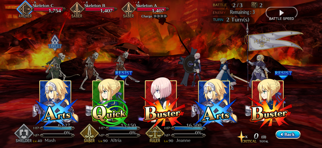 Fate/Grand Order (English) - A battle scene in Fate Grand Order showing servants using the command card system against skeletons in a ruined city.