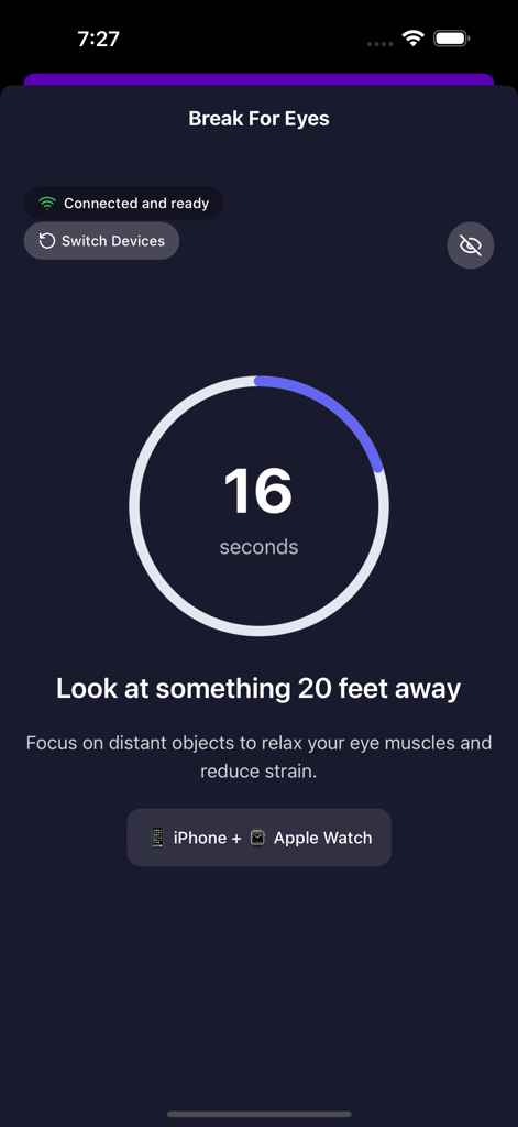 20.20.20: Eye Care & Tracker - Screenshot dell'interfaccia dell'app 20.20.20 per la cura degli occhi che mostra un conto alla rovescia di sedici secondi con istruzioni per guardare qualcosa a venti piedi di distanza.