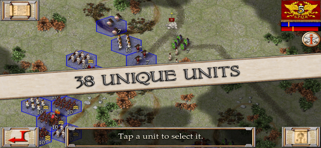 Ancient Battle: Hannibal - Ancient Battle Hannibal의 전장에서 다양한 역사적 군사 유닛을 보여주는 전술 6각형 기반 게임 플레이 스크린샷.