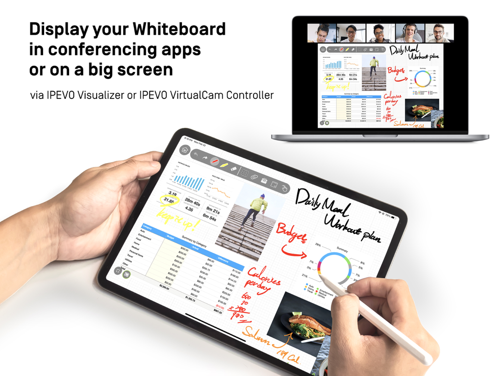 IPEVO Whiteboard - IPEVO Whiteboard screen sharing from an iPad to a laptop during a video call.