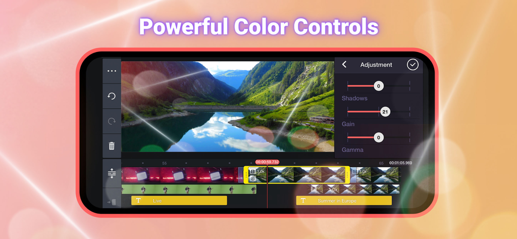 Pantalla de smartphone mostrando la interfaz de edición de video de KineMaster con deslizadores de ajuste de color para sombras, ganancia y gamma sobre un video de paisaje montañoso.