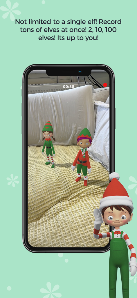Elf Studio - Schermo di smartphone che mostra più elfi 3D in una camera da letto utilizzando la realtà aumentata.