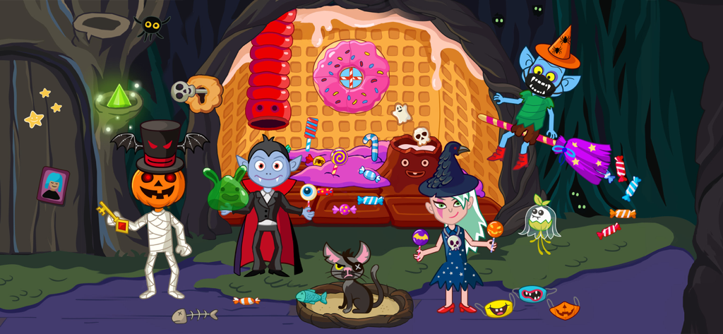 Personajes de dibujos animados que incluyen un vampiro, una bruja y una momia de calabaza en un espeluznante escenario de Halloween.