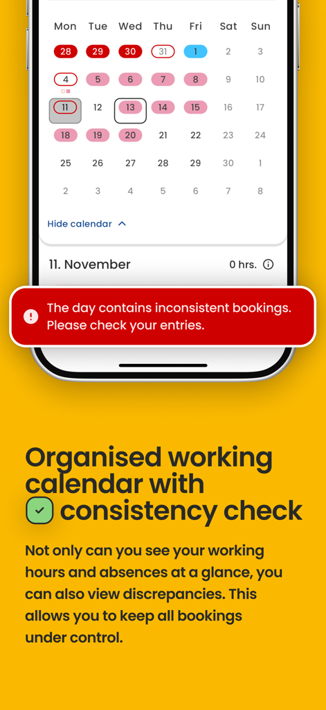 A mobile screenshot of the timeCard GO app showing a work calendar with a notification about inconsistent bookings
