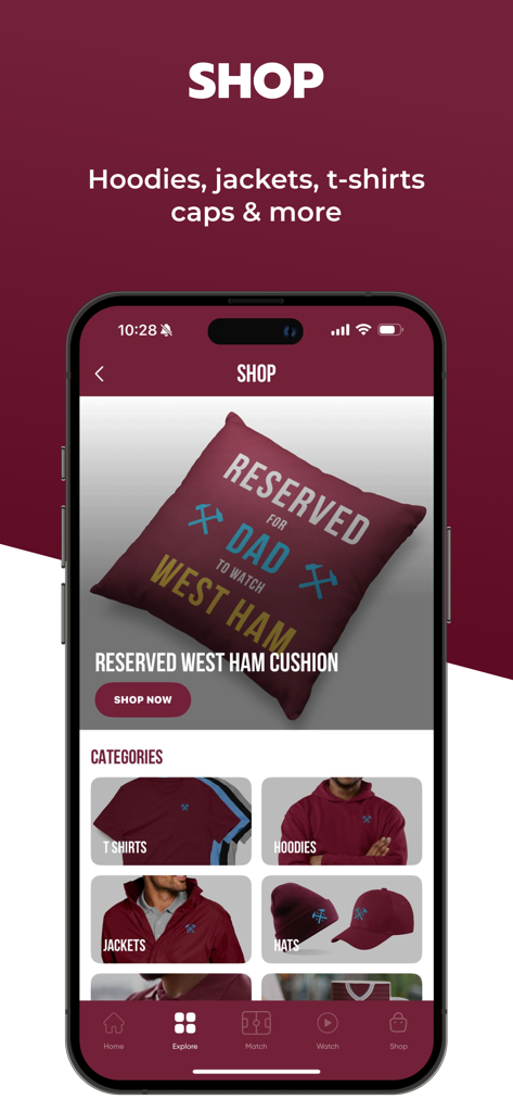 COYIrons 앱 상점 섹션에는 웨스트햄 브랜드 의류 및 액세서리가 있습니다.