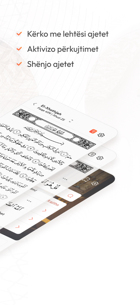 Muslimani Ideal - Interface of the Muslimani Ideal app showing Quran verses with search and bookmarking features in Albanian