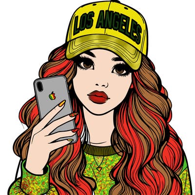 realistic beautiful girl wearing los ángeles cap holding an iphone